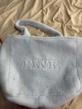 PINK Victoria's Secret Plush Sherpa Tote in Light Blue-Gray
